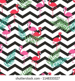 seamless pattern with pink flamingos and tropic  leaves