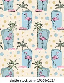 Seamless pattern with pink flamingos. Tropical print.