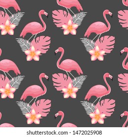 Seamless pattern of pink flamingos and tropical leaves of monstera, palm trees and plumeria flowers