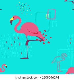 Seamless pattern with pink flamingos and tropical plants. Bright summer juicy background. Flora and fauna on the ornament.
