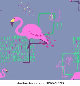 Seamless pattern with pink flamingos and tropical plants. Bright summer juicy background. Flora and fauna on the ornament.
