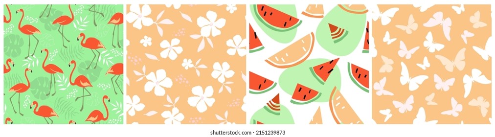 Seamless pattern with pink flamingos, tropical palm leaves, monstera, watermelons, flowers, butterflies. Summer abstract ornament. Vector graphics.