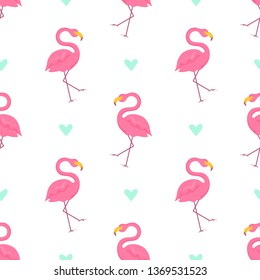 Seamless pattern with pink flamingos and turquoise hearts on white background. Vector illustration.