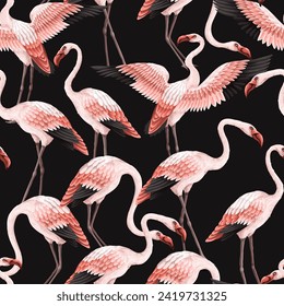 Seamless pattern with pink flamingos. Vector