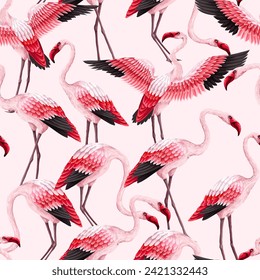 Seamless pattern with pink flamingos. Vector