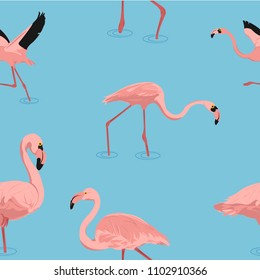 Seamless pattern pink flamingos walk in the water.printing wallpaper.vector illustration