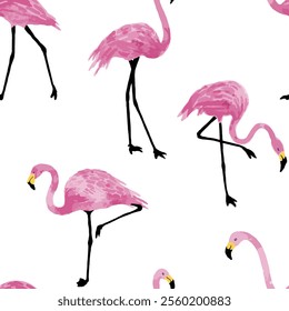 Seamless Pattern of Pink Flamingos with Watercolor Style