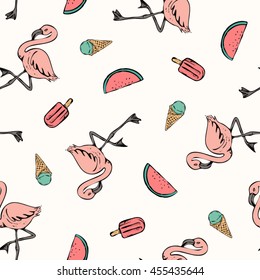 Seamless pattern with pink flamingos, watermelon slices, ice cream cones and popsicles on light background. For summer fabric, gift wrap, wallpaper and stationery.