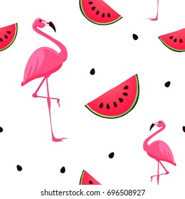 Seamless pattern with pink flamingos and watermelon. Summer Design Vector Illustration