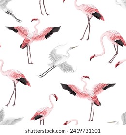 Seamless pattern with pink flamingos and white herons. Vector