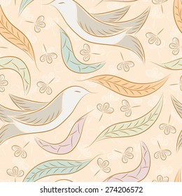 Seamless pattern. Pink Floral background with birds and leaves