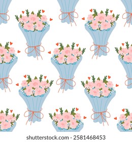Seamless pattern with pink floral bouquets. Vector flat background with spring flowers for birthday, valentine's day, women's day, mother's day holidays