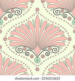Seamless pattern with pink floral ogee and anthemion geometrical motifs on a cream background. Minimalist classic abstract repeat wallpaper.