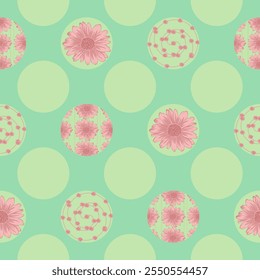 Ein nahtloses Muster mit rosafarbenen Blüten und Tupfen auf grünem Hintergrund. Geeignet für Stoffdrucke, Wohndekoration und Modedesign.