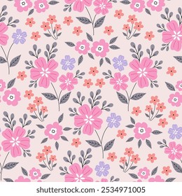 Patrón sin fisuras con jardín de flores de color rosa. Lindo patrón floral dibujado a mano para su tela, fondo de verano, Fondo de pantalla, telón de fondo, textil.	