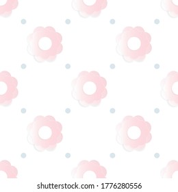 Seamless pattern with pink flower and blue dot on white background