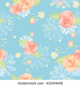 Seamless pattern pink flower with blue background.Vector and pastel colors.