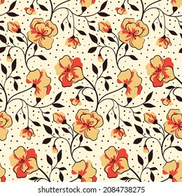 Seamless pattern with pink flower buds and small leaves. Vintage floral print with delicate plants on a light background. Composition with flowers, leaves and dots. Vector design for printing.
