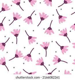 Nahtloses Muster mit rosafarbener Blume und Punkten auf weißem Hintergrund.Frühlingsmuster.