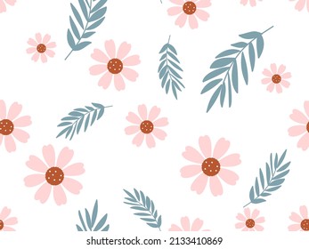 Patrón sin foco con flor rosa y hojas verdes en la ilustración vectorial de fondo blanco.