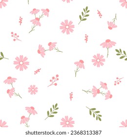 Seamless pattern with pink flower and green leaf on white background vector illustration.