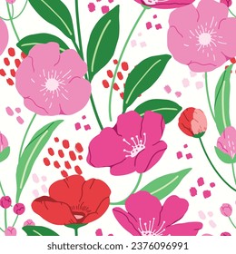 Flor rosa patrón sin brillo, hojas verdes y puntos rosados pincel sobre fondo blanco, fondo floral vintage, patrón para papel de diseño, papel de envoltura de regalo e impresiones de moda.