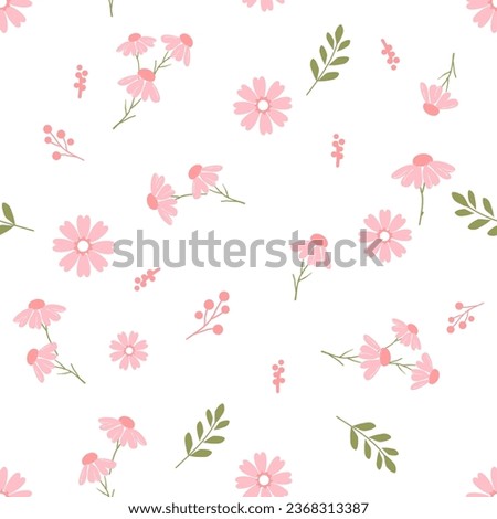 Seamless pattern with pink flower and green leaf on white background vector illustration.
