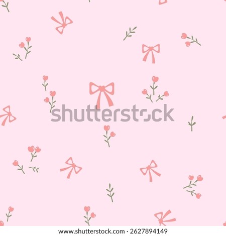 Seamless pattern of pink flower with green leaves and ribbon bows on pink background vector.