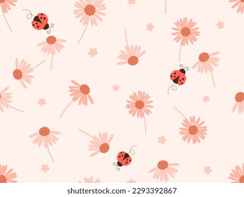 Patrón sin foco con dibujos animados de flores rosadas y pájaros de ladrillo sobre la ilustración vectorial de fondo color beige. Impresión floral. 