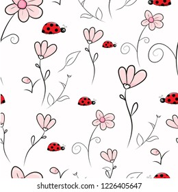 seamless pattern pink flower and ladybugs
