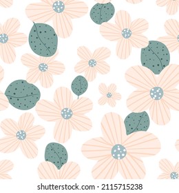 Seamless pattern with pink flower and leaves ​on white background in cartoon style for fabric textile, print, wallpaper, apparel, wrapping