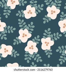 Seamless pattern with pink flower and leaves ​on dark background in cartoon style for fabric textile, print, wallpaper, apparel, wrapping