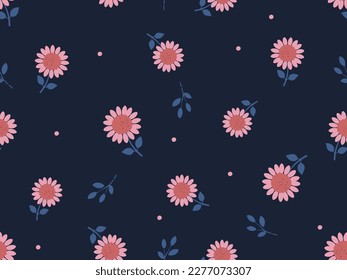 Seamless pattern with pink flower and leaves on dark blue background vector illustration. Cute floral print.