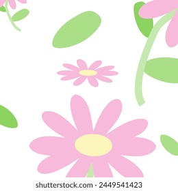 Seamless pattern with pink flower and leaves on white background vector illustration.