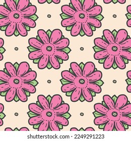 Seamless pattern pink flower line doodle hand drawing abstract isolated on yellow background