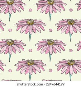 Seamless pattern pink flower line doodle hand drawing abstract isolated on yellow background