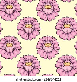 Seamless pattern pink flower line doodle hand drawing abstract isolated on yellow background