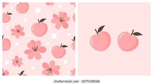 Seamless Pattern With Pink Flower And Peach Fruit On Pink Background. Peach Icon Logo Vector Illustration.