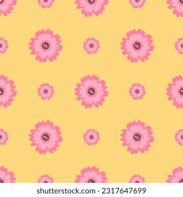 Seamless pattern, Pink flower, Small and big size, Different flower size, Flat color, Golden yellow colored background, Vector illustration, Good for background and wallpaper, Simple color and design