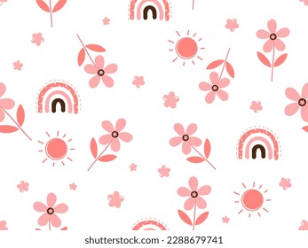 Patrón sin foco con flor rosa, sol y arcos en la ilustración vectorial de fondo blanco.
