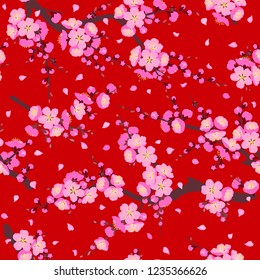 Seamless pattern with pink flowering tree branches on red background. Endless texture decoration with sakura or plum flowers. Vector flat illustration.