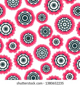 Seamless pattern, pink flowers, abstract floral elements, geometric pattern, scandinavian style, white background, vector illustration