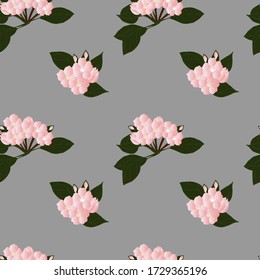 Seamless pattern with pink flowers, Apple buds and leaves on a blue background.