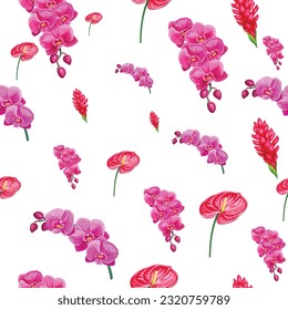 Seamless pattern of pink flowers arranged randomly but still beautiful.Vector illustration.