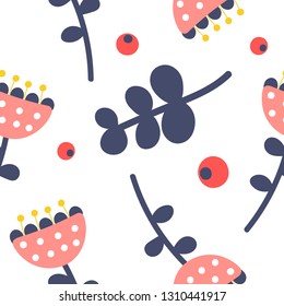 Seamless pattern with pink flowers and berries. Floral background. Design for seasonal textile, prints, scrapbook, pattern fills, web page background. Vector background. 