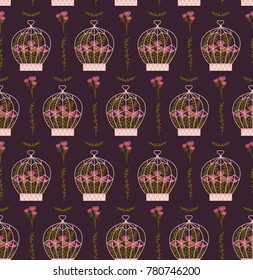 Seamless pattern with pink flowers in birds cage