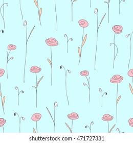 Seamless pattern with pink flowers. Blue background with stylized doodle roses.