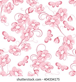 seamless pattern with pink flowers and bud  on white background, vector illustration
