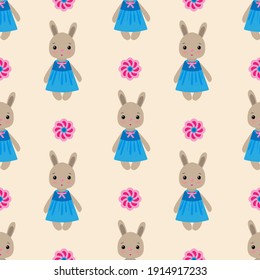 Seamless pattern with pink flowers and a bunny in a blue dress. Vector graphics.