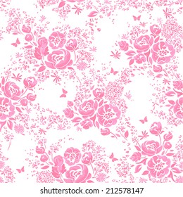 Seamless pattern with pink flowers and butterflies. 